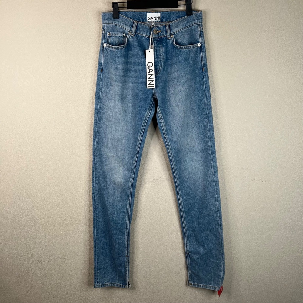 Ganni Womens Bleach Denim Jeans 27 34L Button Fly Straight Leg